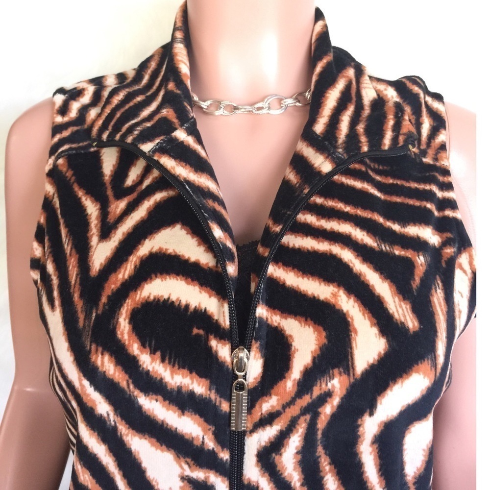Mirror Image Zebra Print Sleeveless Zip Vest Beige Black Small Velour - Picture 3 of 11